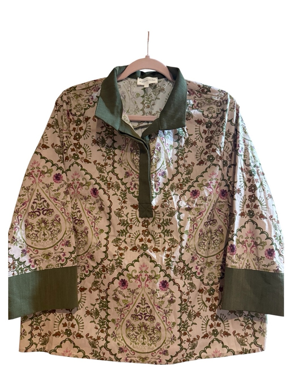 Entro Medium 100% Cotton Floral Paisley Tunic Blouse Olive Green Boho NWOT